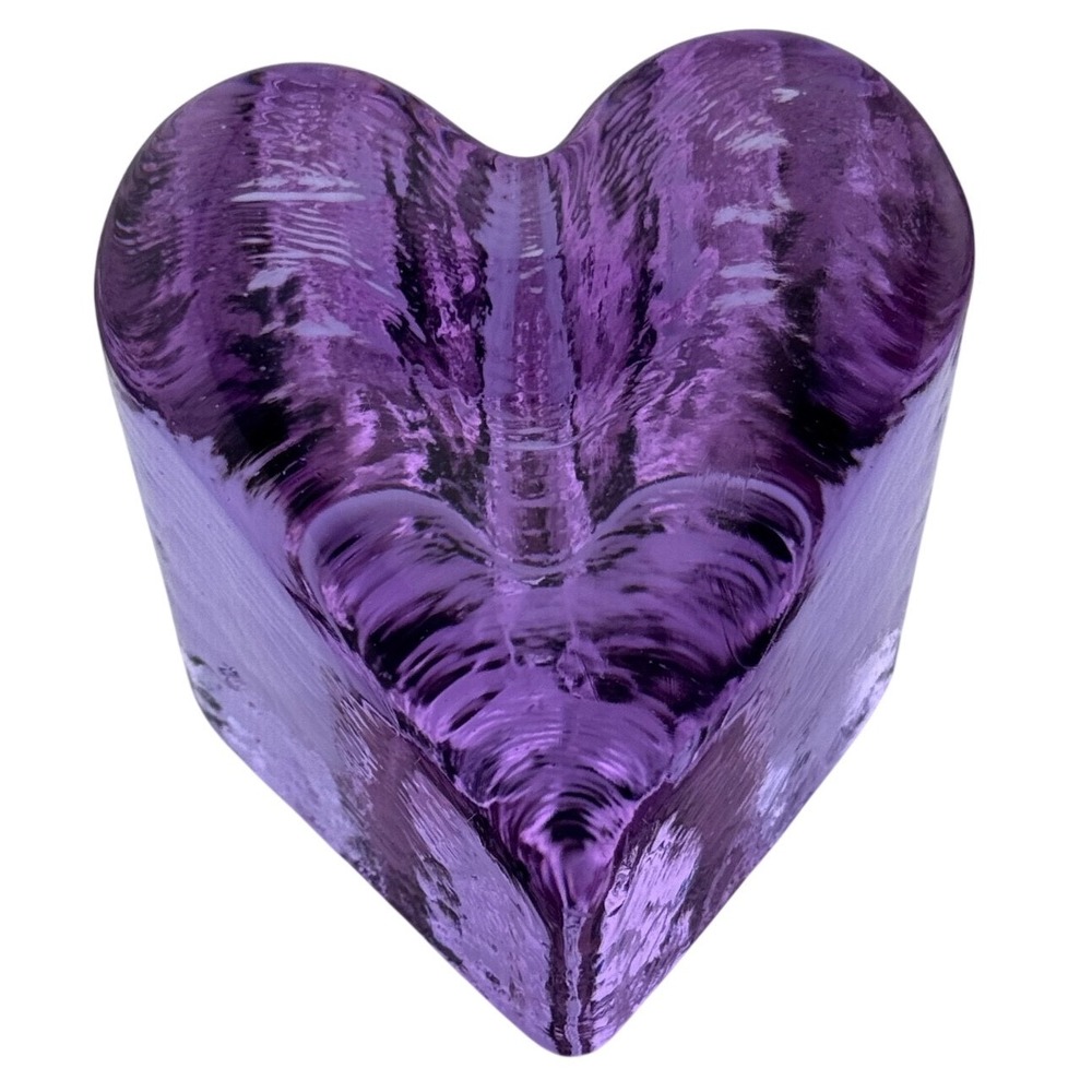 Fire & Light Purple Glass Heart Paperweight 2000 Signed